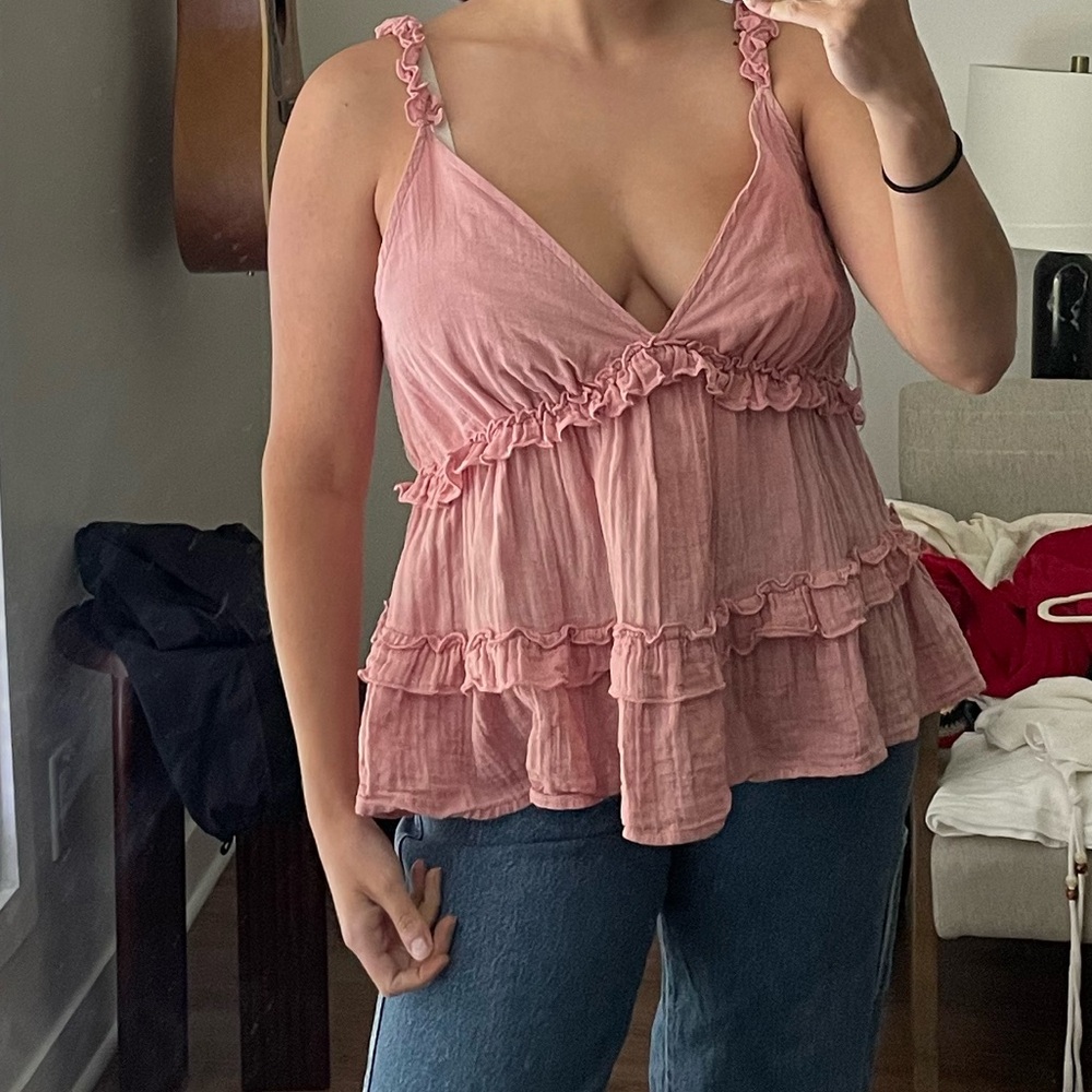 YAS pink organic cotton ruffle tank top